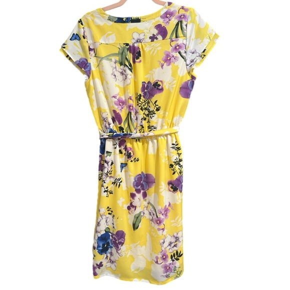 CHRISTOPHER & BANKS Dress Yellow Violet Floral Short Sleeve Knee Length Sz Small - Picture 11 of 15